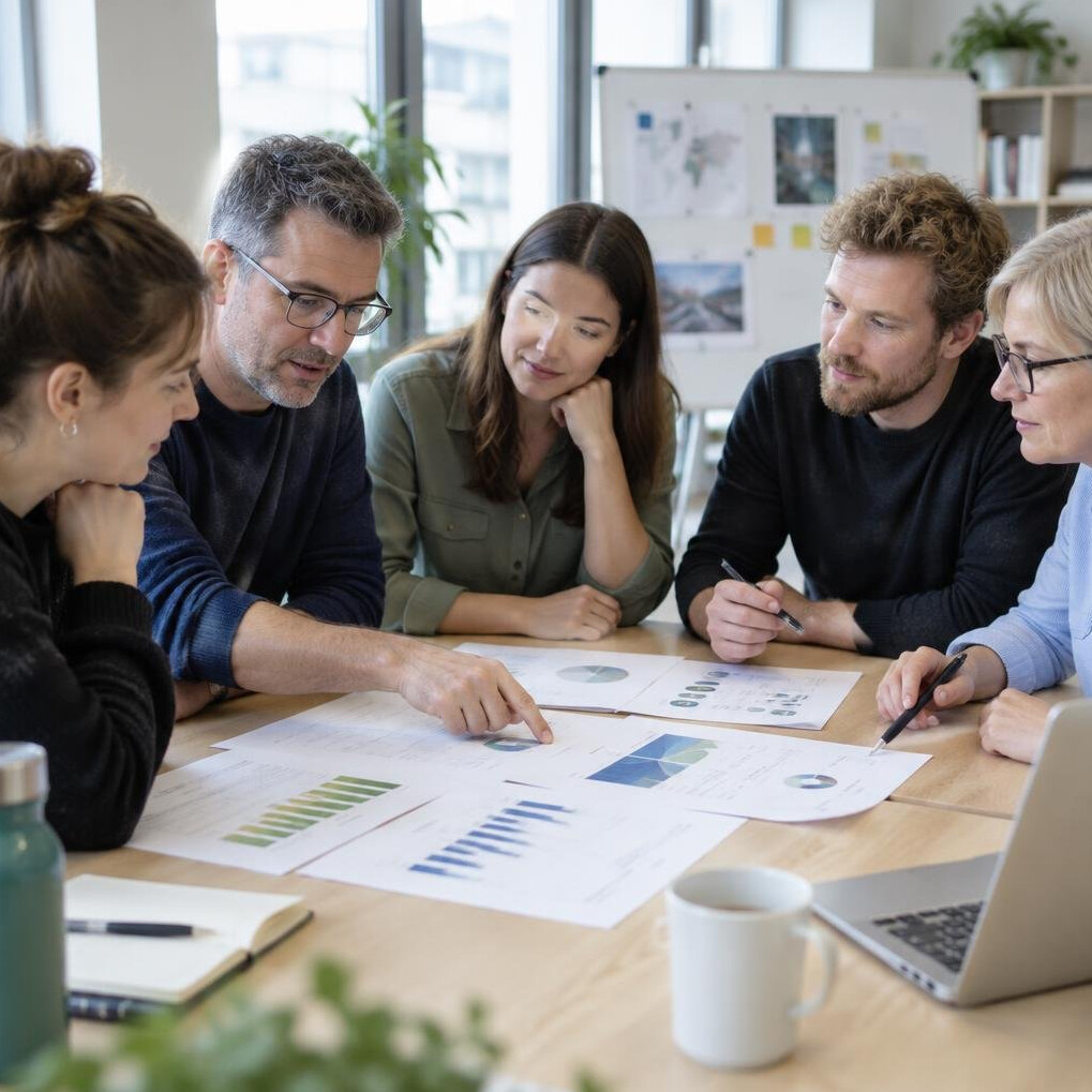 German adults discussing printed survey charts in a bright research studio