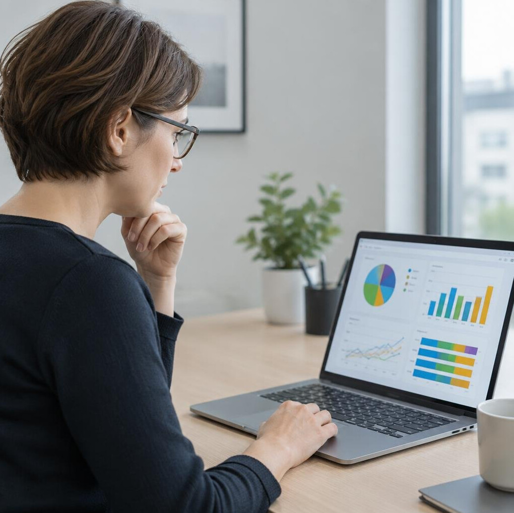 German research analyst reviewing survey dashboard on a laptop